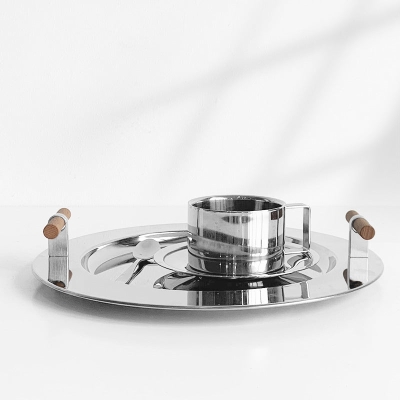 Stainless Steel Round Tray with Wooden Handle