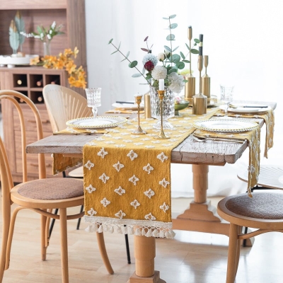 Rustic Yellow Boho Burlap Table Runner