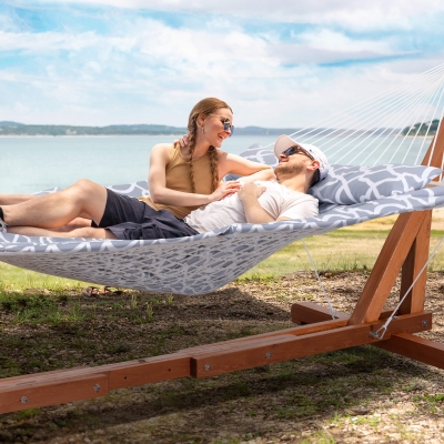 Cotton Rope Hammock with Wooden Stand for Two People, with Pad & Pillow
