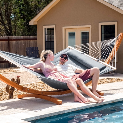2 Person Large Quilted Hammock with 14 Ft Wooden Arc Hammock Stand