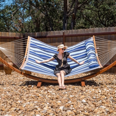 Hammock with 14 ft Wooden Stand and Curved Spreader Bar, 475 lbs
