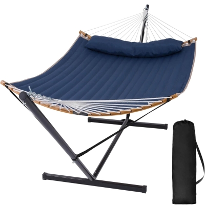 Double Quilted Hammock with Curved Bamboo Bar & Portable Stand