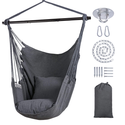 Hanging Rope Hammock Chair with Metal Support Bar and 2 Cushions