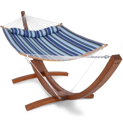 Hammock with 14 ft Wooden Stand and Curved Spreader Bar, 475 lbs