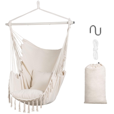 Macrame Rope Hanging Hammock Chair w/Side Pocket & 2 Cushions