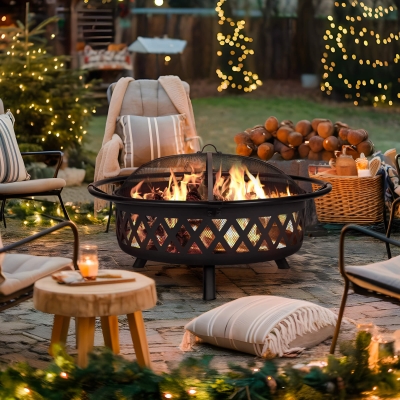 Outdoor Wood Burning Fire Pit with Mesh Spark Screen and Fireplace Poker