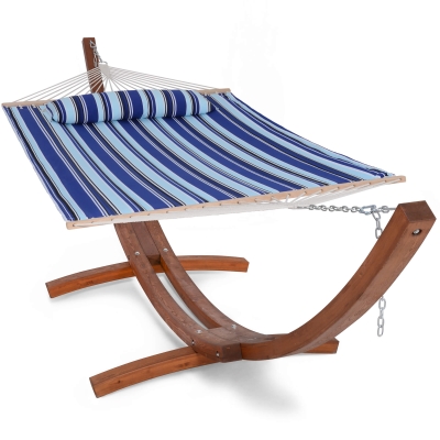 Outdoor Double Quilted Hammock with 14 Ft Wooden Arc Stand