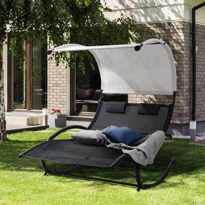 Outdoor Double Chaise Lounge with Sun Shade Canopy and Wheels