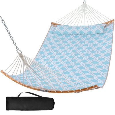 13.8Ft Quilted Fabric Double Hammocks w/ Curved Bamboo Bar and Pillow
