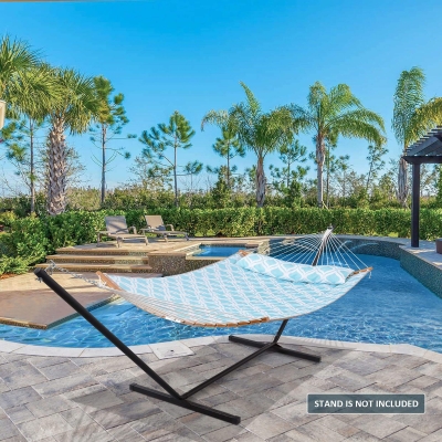 13.8Ft Quilted Fabric Double Hammocks w/ Curved Bamboo Bar and Pillow