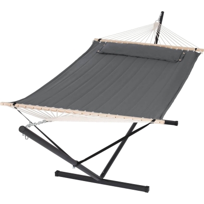 Large Double Quilted Fabric Hammock with 12 Ft & 15 Ft Stand, Bars and Pillow