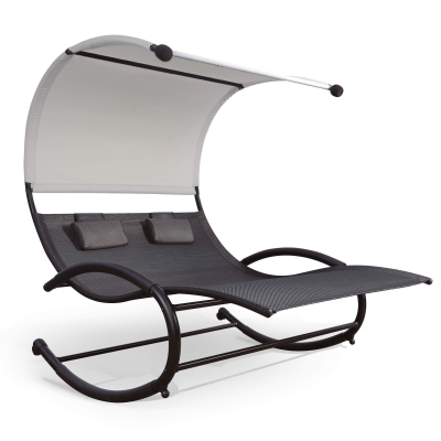 Outdoor Double Chaise Lounge with Sun Shade Canopy and Wheels