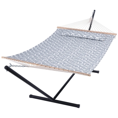 Large Double Quilted Fabric Hammock with 12 Ft Stand, Bars and Pillow
