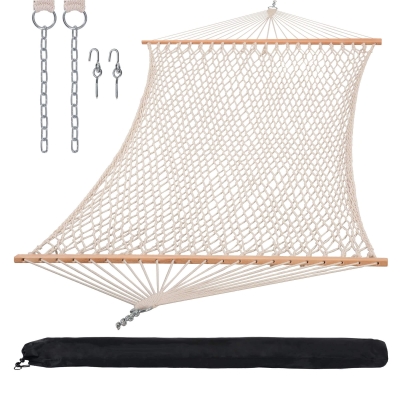 Traditional Cotton Rope Double Hammock w/ Spreader Bar & Bag