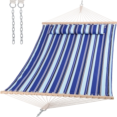 2 Person Quilted Fabric Hammock with Spreader Bar, Pillow and Chains