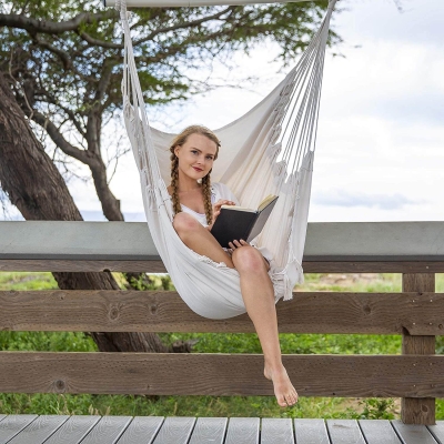 Macrame Rope Hanging Hammock Chair w/Side Pocket & 2 Cushions
