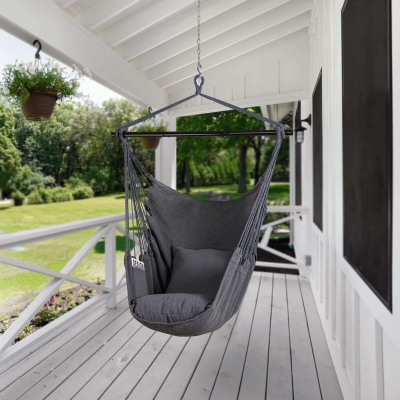 Hanging Rope Hammock Chair with Metal Support Bar and 2 Cushions