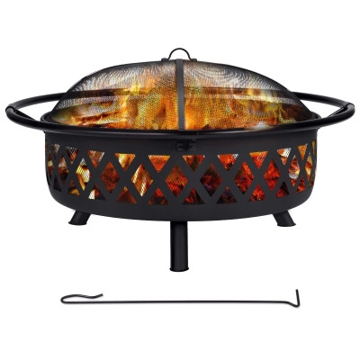 Outdoor Wood Burning Fire Pit with Mesh Spark Screen and Fireplace Poker
