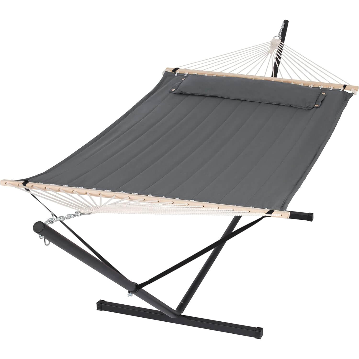 Large Double Quilted Fabric Hammock with 12 Ft & 15 Ft Stand, Bars and Pillow